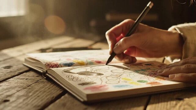 Closeup of a persons hand drawing in a sketchbook on a rustic wooden table bathed in warm natural light.