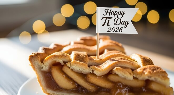 Happy pi day 2026 celebration with apple pie slice and flag ornament