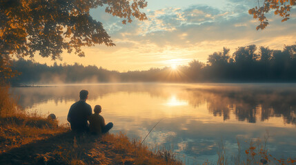Father and Daughter Fishing together by Peaceful Lake at Sunrise with Golden Light