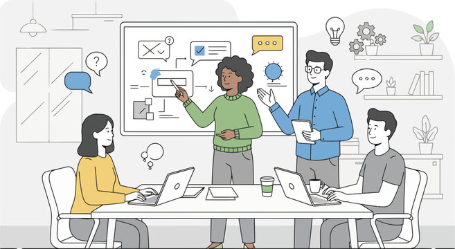 Teamwork Office Vector Illustration with Business People Collaboration. Modern teamwork office vector illustration showing a group of business people collaborating in a professional workplace.