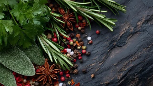 106Top-down close-up of assorted fresh herbs and spices prepared for seasoning, crisp parsley leaves, aromatic rosemary sprigs, oregano clusters, bay leaves layered with star anise, p