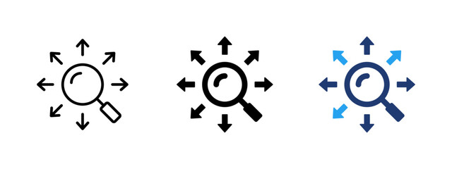 Search and explore icon with magnifying glass and arrows in different directions. Symbol of research, discovery, multi direction search and data analysis. Ideal for business strategy, marketing.