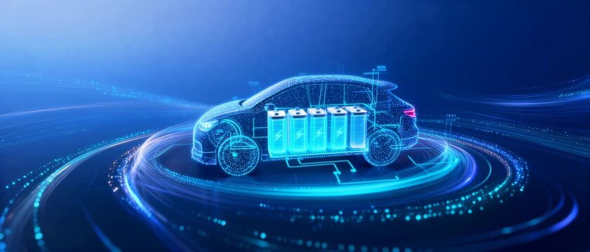 Futuristic Digital Electric Vehicle Visualization Featuring Battery Pack and Glowing Tech Circuits on Blue Background