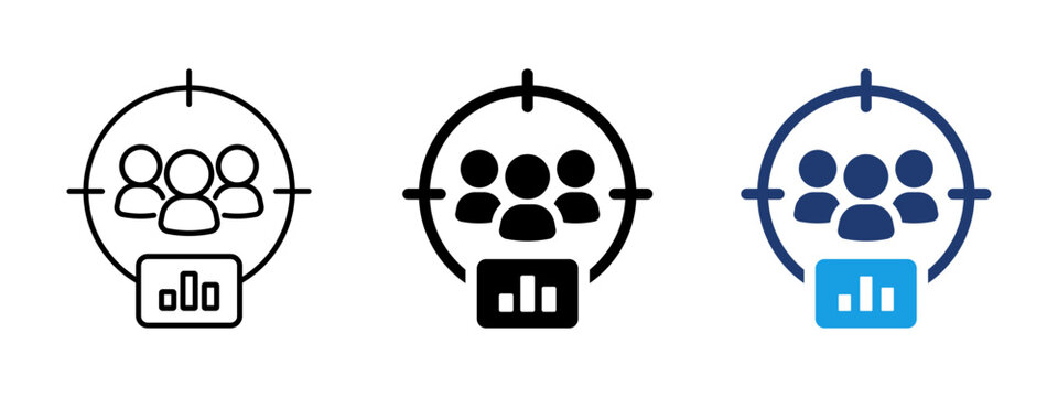 Audience analytics icon with people group and data chart. Symbol of user analysis, statistics and performance metrics. Ideal for marketing analytics, business dashboards, audience research.