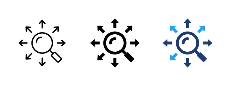 Search and explore icon with magnifying glass and arrows in different directions. Symbol of research, discovery, multi direction search and data analysis. Ideal for business strategy, marketing.