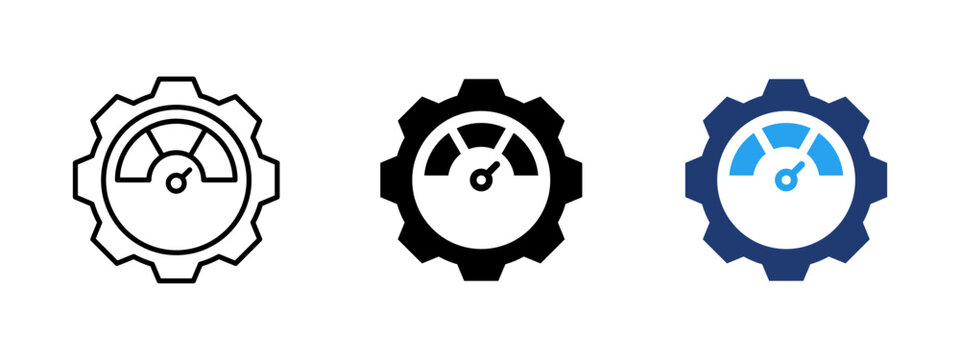 Performance and efficiency icon with speed gauge inside gear. Symbol of optimization, productivity, KPI metrics, analytics and business process control. For dashboards and performance monitoring.