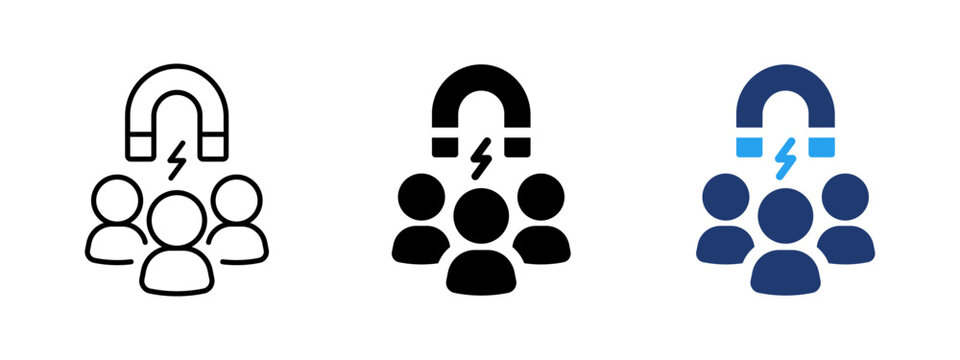 Lead generation icon with magnet attracting people. Symbol of customer acquisition, marketing funnel, audience targeting and sales growth. Ideal for CRM systems, digital marketing, business analytics.