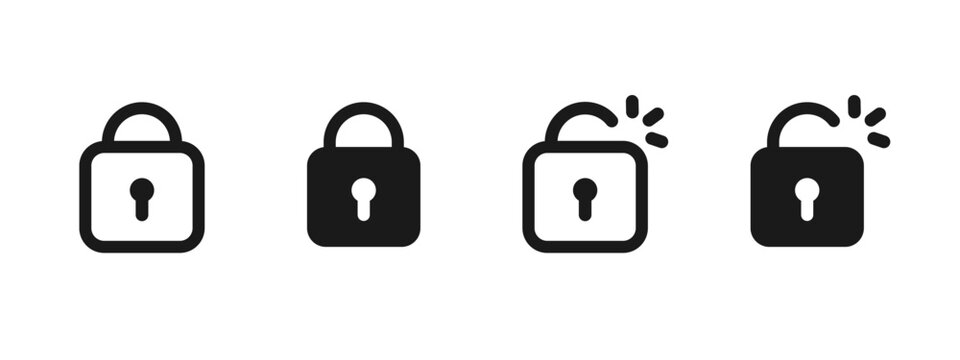 Lock and unlock icon set with closed and open padlock symbols. Outline and solid styles for security, access control, password protection, authentication systems, privacy settings and user interface.