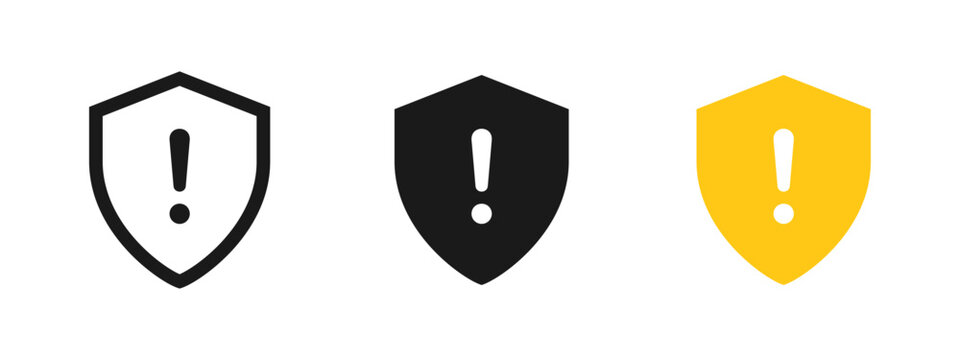 Shield icon with exclamation mark representing security warning, risk or alert. Suitable for cybersecurity notifications, system warnings, danger messages, protection issues and attention or caution.