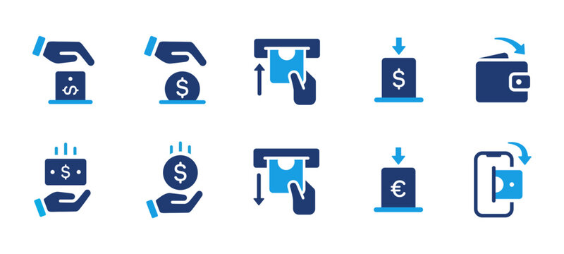 Finance and payment icons set showing cash withdrawal and deposit, ATM operations, wallet, money transfer and hand holding currency. Used for banking app, financial services, transactions and payments