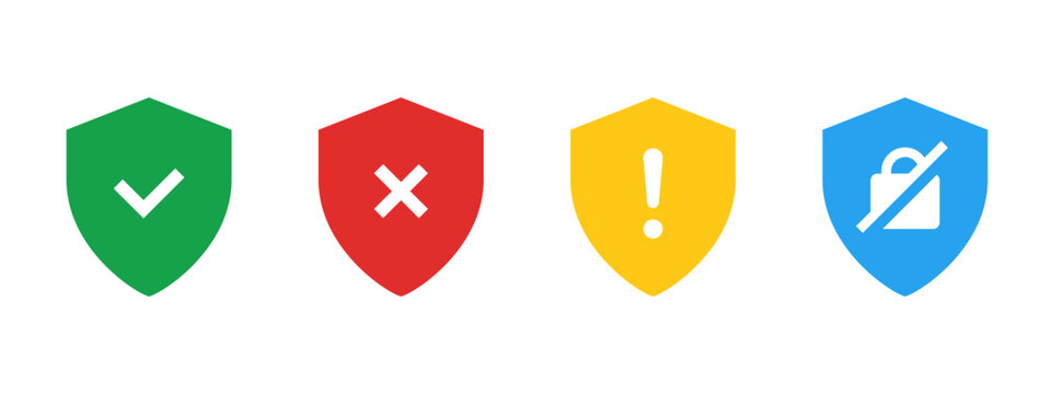 Colored shield icons showing security status: approved protection, denied access, warning alert and disabled security. Used for system status, risk indication, access control and safety interfaces.