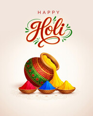 Happy Holi Greeting Poster | Dhol Drum and Colorful Gulal Illustration