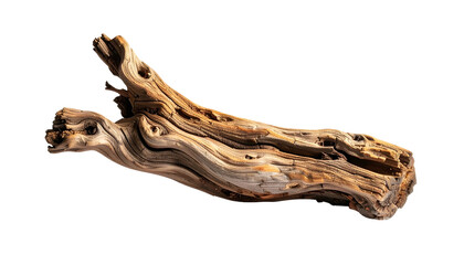 Weathered, textured driftwood log, with holes and knots, isolated on a black background