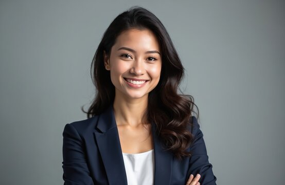 Young businesswoman smiles confidently wearing dark blazer and white top. Professional female looks at camera with arms crossed in studio. She has wavy dark hair and fair skin.