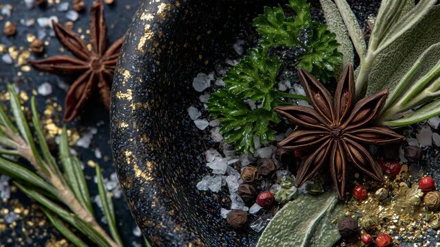 118Artful close-up composition of green herbs and warm spices, layered parsley and oregano leaves, structured rosemary sprigs, bay leaves framing star anise and peppercorns, cayenne a