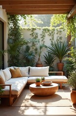 Obraz premium Cozy outdoor patio with sectional couch, coffee table, and abundant green plants. Natural sunlight streams through wooden pergola creating a relaxing backyard oasis for home or apartment.