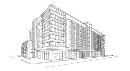 Modern urban building architectural sketch. Contemporary city structure line art illustration.