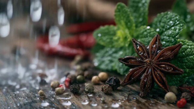 126Macro-style close-up of herbs and spices ready for seasoning, visible moisture on fresh leaves, rough textures of star anise and peppercorns, cayenne adding bold color contrast, sh