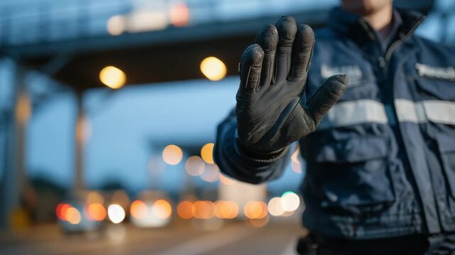 136Close-up border control scene with a customs officer halting freight trucks, focused on the officer&rsquo;s gloved hand and stop signal, blurred trucks and flashing hazard lights behind,