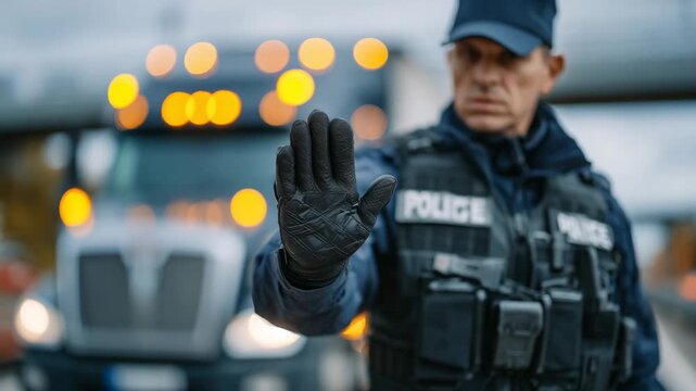 137Close-up border control scene with a customs officer halting freight trucks, focused on the officer&rsquo;s gloved hand and stop signal, blurred trucks and flashing hazard lights behind,