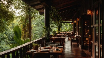 Fototapeta premium a luxurious restaurant in the jungle, with wooden chairs and tables set up on an open balcony overlooking nature 