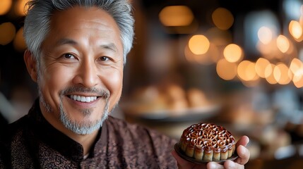 Naklejka premium Smiling mature Asian man chef holding chocolate dessert in professional kitchen with warm bokeh lights background.