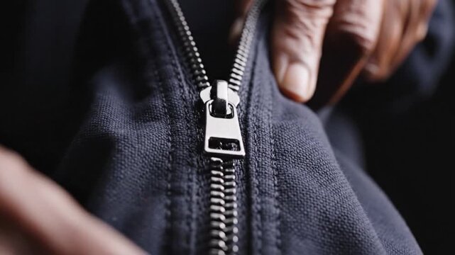 Closeup of a persons hands zipping up a dark blue jacket showcasing the intricate details of the zipper mechanism and fabric texture.