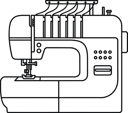 A black and white line art illustration depicting a modern overlock or serger sewing machine