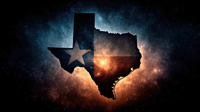 Starry night background with the shape of Texas and Texas flag colors on display