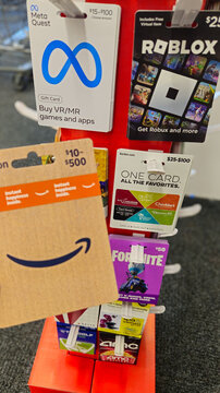 A variety of gift cards on display for Amazon, Meta Quest, Roblox, Darden Restaurants, Fortnite, AMC and Topgolf (Missouri, USA - Dec 24, 2025), Editorial Use Only.
