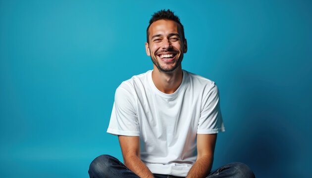 Man with short dark hair, stubble, beard smiles broadly wearing white t-shirt, blue jeans, sitting cross-legged. Looks happy, healthy against solid blue background, conveying positivity, good cheer.
