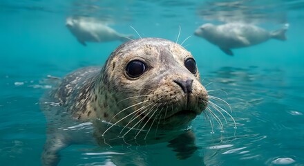 Adorable harbor seal pup swimming in crystal clear turquoise water with whiskers and big dark eyes looking directly at camera in natural marine habitat.