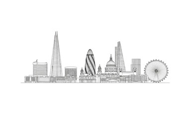 Fototapeta premium London UK Skyline Line Art Silhouette with Shard, Gherkin, London Eye, St Pauls, Tower Bridge Vector Illustration