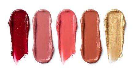 Fototapeta premium Colorful lipstick swatches in red pink coral and gold tones isolated on white background for beauty cosmetics makeup and fashion design projects.