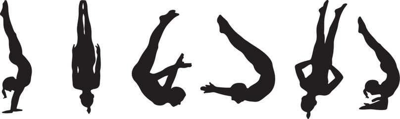 Fototapeta premium Black Silhouettes Of Gymnastics And Diving Moves
