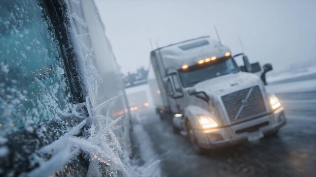 145Cinematic close-up of transit trucks waiting at a frozen border checkpoint, ice crystals clinging to mirrors and antennae, snow-packed tires gripping slick asphalt, amber marker li