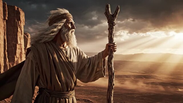 Cinematic shot of Moses with a wooden staff standing on a desert cliff, epic biblical landscape at sunset, hyper-realistic ancient prophet