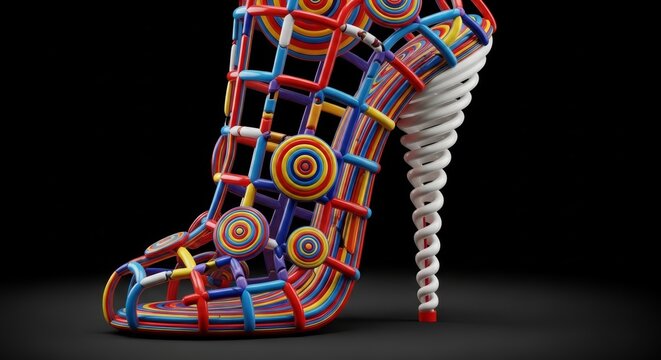Conceptual High Heel Shoe Design Made From Colorful Geometric Grid Wireframe