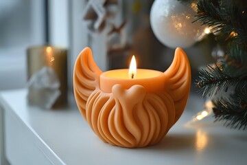 Naklejka premium Orange decorative candle with wing design burning on white surface near Christmas tree with warm holiday lighting creating cozy festive atmosphere.