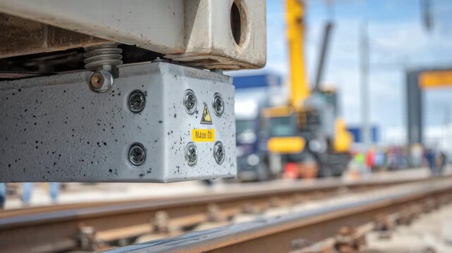 157Macro-style close-up of container corner fittings during crane placement onto railway platform, steel textures, bolts, and locking points clearly visible, motion implied by taut ca