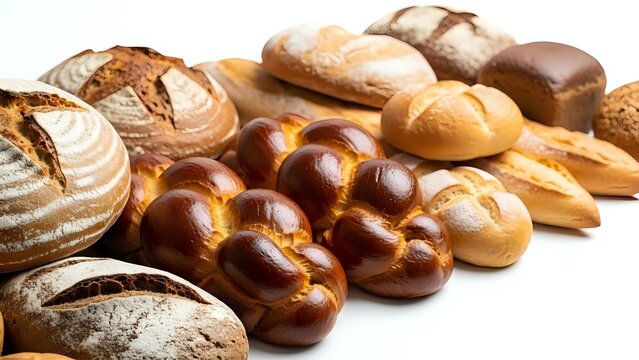 Assorted fresh baked bread loaves and rolls including sourdough, baguettes, and braided challah arranged on white background for bakery display.