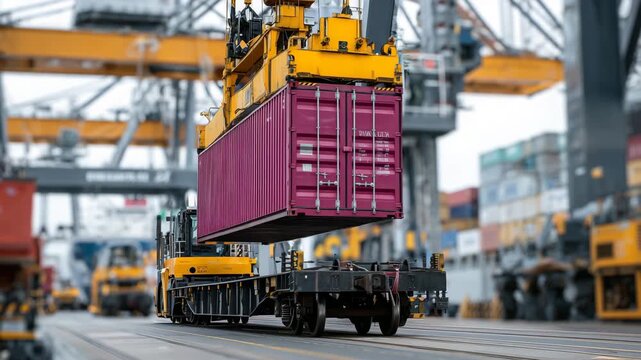 159Close-up view of a harbor crane precisely positioning a cargo container onto a waiting rail flatcar, heavy lifting spreader locked onto the container, painted steel textures and se