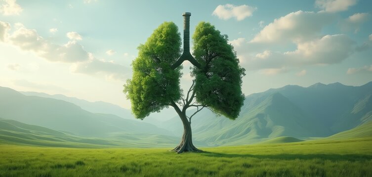 Tree grows in field, shaped like human lungs. Green branches have leaves. Mountains and sky in background. Symbolizes healthy environment, pure air, life, and nature.
