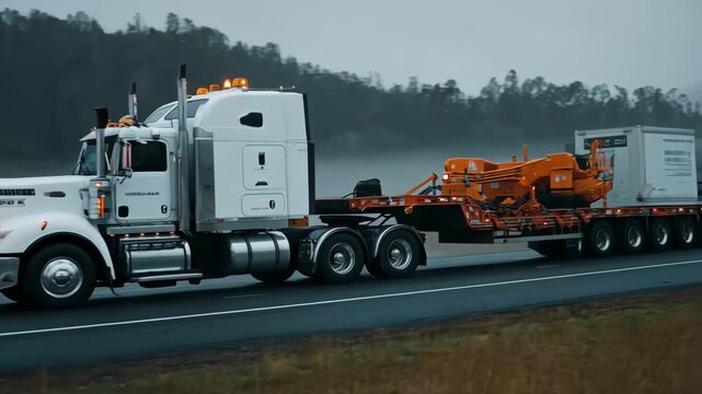 Medium shot of an escort vehicle signaling safety measures while accompanying an oversized trailer on a rural highway.