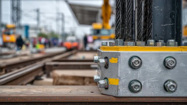 161Macro-style close-up of container corner fittings during crane placement onto railway platform, steel textures, bolts, and locking points clearly visible, motion implied by taut ca