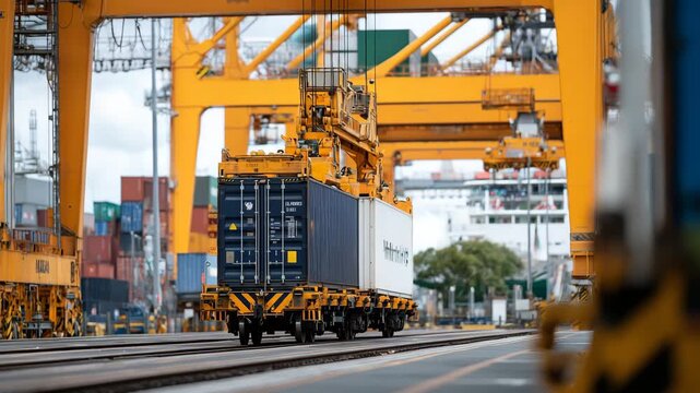 167Wide yet detailed close-up of a port crane loading a container onto a railway platform, massive machinery dominating the frame, parallel rail lines leading the eye, port yard activ