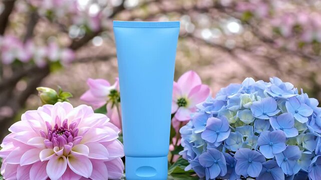 Pastel Blue Cosmetic Tube Between Pink Dahlia and Blue Hydrangea Flowers on Glass Surface With Blooming Tree Background