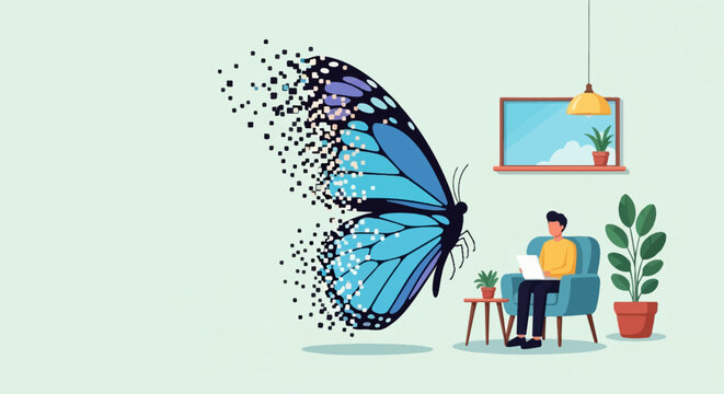 Man working on laptop in a room with dissolving butterfly
