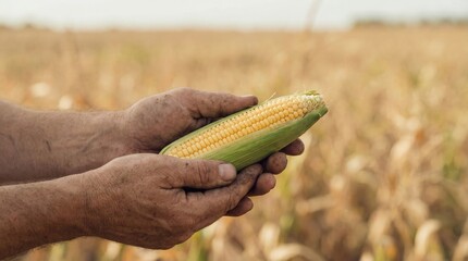 Fototapeta premium Dirty farmer hands gently cradling a freshly harvested, partially shucked corn cob, showing its vibrant yellow kernels against a blurred golden agricultural field background