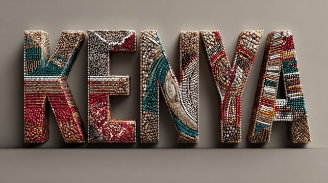 Colorful beads form the word Kenya on a grey wall during a cultural display in a modern art space showcasing African craftsmanship